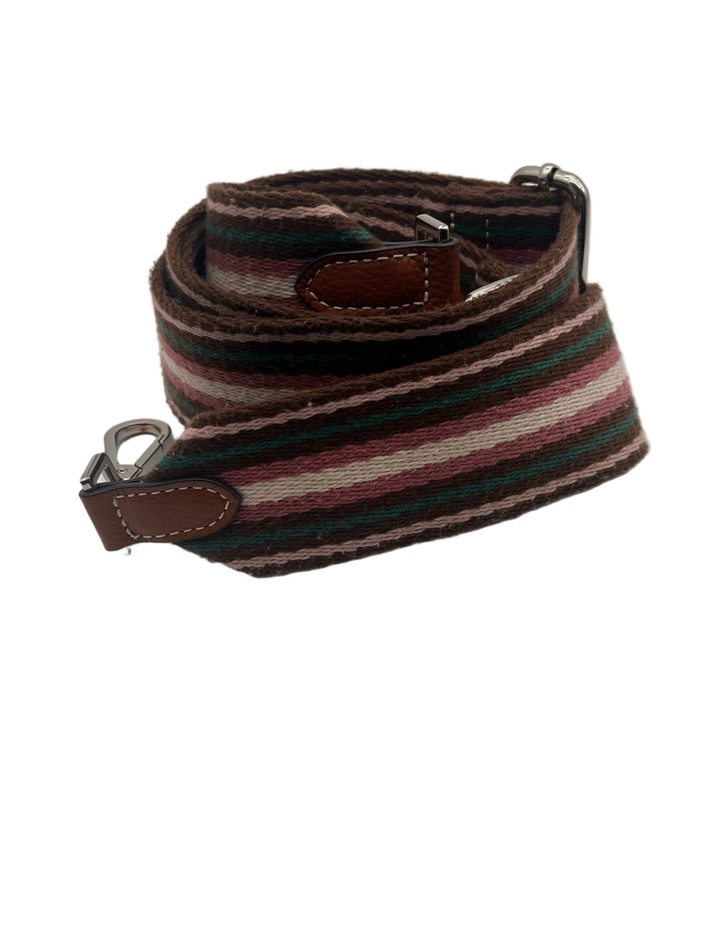 Striped Canvas Shoulder Strap Brown Mauve Silver Hardwear Wide Adjustable 52"
